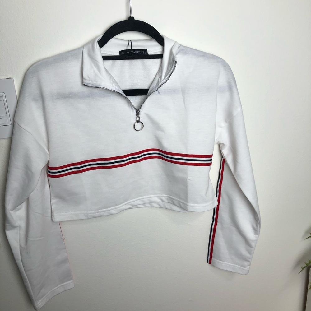 Zaful Half-zip Ribbon Striped Cropped Sweatshirt